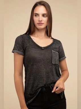 NWOT Zenana Acid Washed Melange Burnout Tee Size M